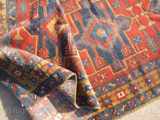 antique karaja heriz runner measuring 3' 2" x 10' 7" great colors solid rug no dry rot clean some wear few old moth bite here and there one dime size repair as  ...