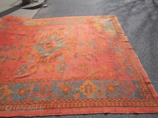 antique squarish oushak great colors 9' 4" x 9' 8" has damage as shown any question please ask SOLDDDDDDDDDDDDDDDDDDDDDDDDDDDDD              