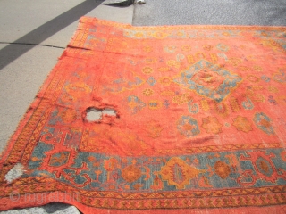 antique squarish oushak great colors 9' 4" x 9' 8" has damage as shown any question please ask SOLDDDDDDDDDDDDDDDDDDDDDDDDDDDDD              