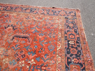 antique 1890 heriz rug measuring 10' 5" x 11' 8" great colors and design solid rug no dry rot no stains worn selvage one on each side some wear as shown no  ...