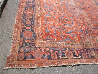 antique 1890 heriz rug measuring 10' 5" x 11' 8" great colors and design solid rug no dry rot no stains worn selvage one on each side some wear as shown no  ...