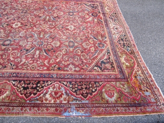 solid antique mahal rug measuring 10' 5" x 13' 5" nice colors no dry rot clean rug some moth damage and one corner damage as shown cheap SOLDDDDDDDDDDDDDDDDDDD     