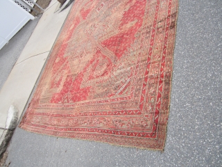 solid beautiful antique turkish ushauk rug 11' 7" x 14' damaged corner worn with few holes no dry rot no pets  beautiful colors easy restoration for huge profit can send more  ...