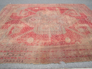 solid beautiful antique turkish ushauk rug 11' 7" x 14' damaged corner worn with few holes no dry rot no pets  beautiful colors easy restoration for huge profit can send more  ...