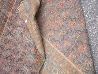 antique oriental rug looks to me like turkish but not sure maybe mahal gallery size 7' 6" x 14' 8" solid rug no holes some low pile visible foundation and some old  ...