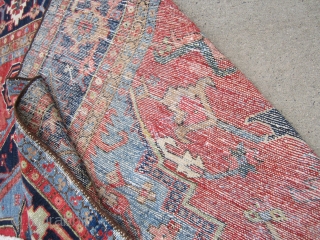 antique heriz serapi karaja rug measuring 10' 5" x 13' 7" nice colors very clean area of repiling and wear both ends and sides are good solid rug good size  everything  ...