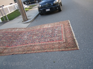 large antique mahal gallery size 7' 3" x 16' 1" solid rug no dry rot worn, one end has some holes as shown good looking rug easy repair rare size no pets  ...