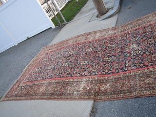 large antique mahal gallery size 7' 3" x 16' 1" solid rug no dry rot worn, one end has some holes as shown good looking rug easy repair rare size no pets  ...