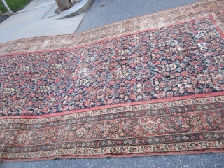 large antique mahal gallery size 7' 3" x 16' 1" solid rug no dry rot worn, one end has some holes as shown good looking rug easy repair rare size no pets  ...