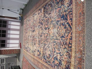 distressed antique persian mahal rug 9' 8" x 16' 7" complete rug has patches in the back only one is repair the others are just reinforcement the rug needs cleaning came from  ...