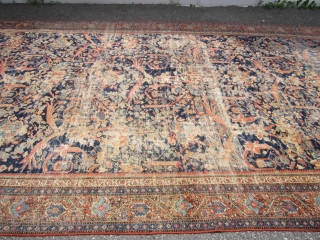 distressed antique persian mahal rug 9' 8" x 16' 7" complete rug has patches in the back only one is repair the others are just reinforcement the rug needs cleaning came from  ...