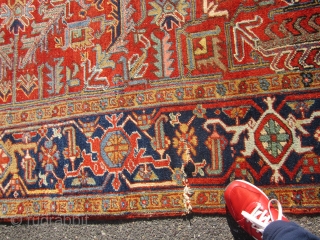 nice all over heriz rug measuring 8' 2" x 11' great colors clean rug one repair on the side as shown some loss to the ends and selvage nothing major great retail  ...