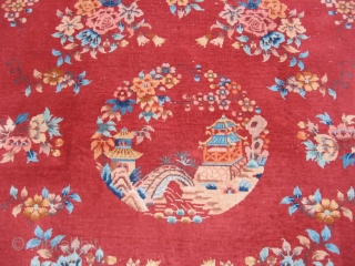 Art Deco Chinese rug, hand knotted wool, China, ca.1940, red with a beige border, the medallion is a classic riverscape scene with pagodas, low even pile, this rug is not thick, but  ...