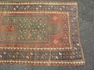 Antique Caucasian Kazak rug in a one way prayer rug design, Fachralo or Borchalo distric, ( Borchalu ), 19thC, hand knotted wool on a wool foundation, Caucasus Mountains, an unusual green field  ...