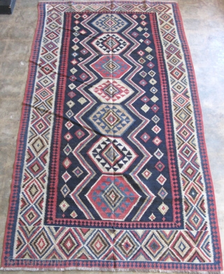 Shirvan area kilim, hand woven wool, fine slit tapestry, probably 19thC, navy field, a similar piece called a Talish by Rippon Boswell sold for $6200.00 in their 9-16-96 auction, lot 135, and  ...