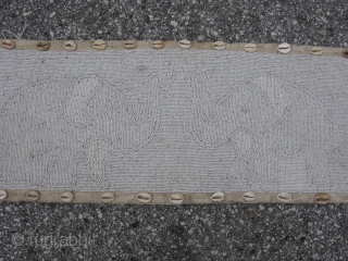 Vintage African beaded banner, hand made by the Yoruba People of Nigeria, white glass beads and cowry shells on fabric, ancestor figures and elephants, there is a beaded loop at the top  ...