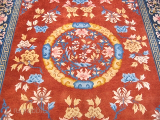 Old Art Deco Chinese rug, hand knotted wool, China, ca. 1930-40's, the field color is a brown family, but with a lively copper tint to my eye, the border is navy, this  ...
