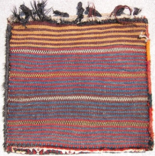 Luri bag, ivory border of double animal heads, striped kilim back, hand knotted wool pile, goat hair loops, SW Iran c.1920's, saturated colors of oxblood red, apricot, light green, on a navy  ...