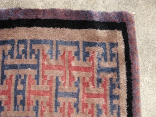 Vintage Swedish Rya shag pile rug, hand knotted wool on cotton, Chinese fret design, variegated threads in soft red, blue, and purple on a gray background, ca. 1950's - 60's when pan  ...