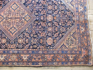 Persian Mahal, size 4ft 4in x 7ft 2in, hand knotted wool, Iran c.1920, low even wear with no discernable restoration, corals and sky blue on a blue black indigo field, #1006, shipping  ...
