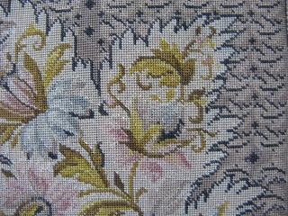 Antique English micro petit point, hand embroidered silk, ca.1860, 5.5x6 inches, an amazing 34 stitches per linear inch, about 1156 stiches per square inch, and approximately 38 thousand stitches to make the  ...