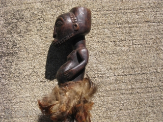Vintage African ceremonial rattle, hand carved wood, gourds, Himba People of Congo, bearded male figure with feather skirt, damage to the gourd rattles, the approximate size is 11 inches tall, #1127, shipping  ...