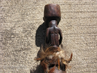 Vintage African ceremonial rattle, hand carved wood, gourds, Himba People of Congo, bearded male figure with feather skirt, damage to the gourd rattles, the approximate size is 11 inches tall, #1127, shipping  ...