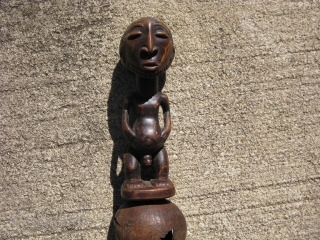 Vintage African ceremonial rattle, hand carved wood, gourds, Luba People of Congo, bearded male figure, damage to the gourd rattles, the approximate size is 12 inches tall, #1128, shipping is extra  
