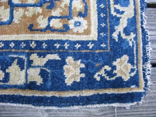 Ningxia rug,ca. mid 19thC?, 3 ply handspun cotton warps, ivory wool wefts, Western China, an attractive golden mustard with shades of ivory and blue, it does have condition problems, but I have  ...