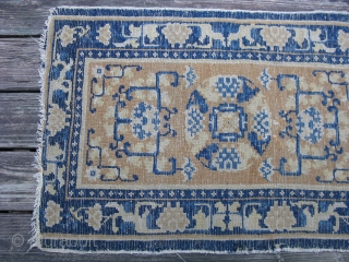 Ningxia rug,ca. mid 19thC?, 3 ply handspun cotton warps, ivory wool wefts, Western China, an attractive golden mustard with shades of ivory and blue, it does have condition problems, but I have  ...