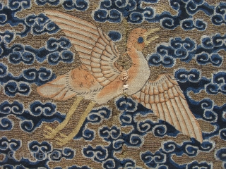 Antique Chinese textile, Mandarin square, civil rank badge, the round head, tan color, and "comma" shaped feathers on the back identify the bird as a Wild Goose, 4th Civil rank, hand woven  ...