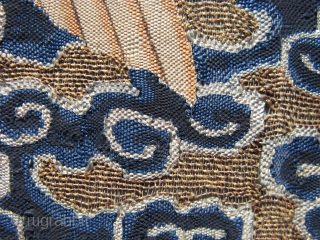 Antique Chinese textile, Mandarin square, civil rank badge, the round head, tan color, and "comma" shaped feathers on the back identify the bird as a Wild Goose, 4th Civil rank, hand woven  ...