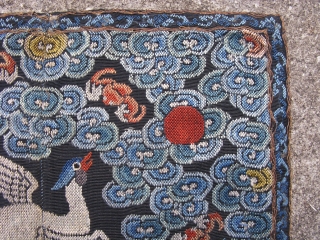 Antique Chinese textile, rank badge, Chinese Mandarin square, Silver Pheasant, 5th Civil rank, hand embroidered silk brick stitch, with couching of gold metal threads around the border, woven in 2 pieces for  ...