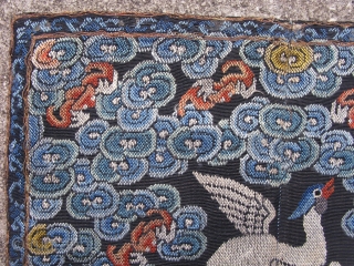 Antique Chinese textile, rank badge, Chinese Mandarin square, Silver Pheasant, 5th Civil rank, hand embroidered silk brick stitch, with couching of gold metal threads around the border, woven in 2 pieces for  ...