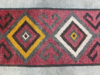 Antique Uzbek Julkhyr rug / runner, perhaps a tent band, shaggy hand knotted wool pile, warp face weaving, Northern Afghanistan or Uzbekistan, early 20thC, great for a long narrow hall or stairs,  ...