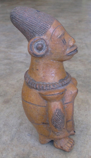 Mangbetu pottery figure with occipital head deformaion, Mangbetu Peoples, D.R. Congo, 20thC vintage, the Mangbetu are one of the few African tribes that practice head deformation, similar to some Native American groups,  ...