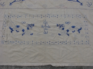 Antique Chinese table cover / alter cloth, embroidered silk, on what looks like hand woven polished cotton, there is an interesting border detail of gathered weaving threads along each side, 9 panels,  ...