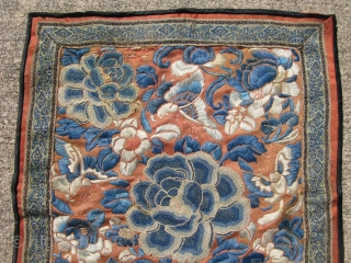 Antique Chinese silk embroidery, 19thC robe fragment, late Ch'ing Dynasty, hand woven silks, blue, orange, beige, a boarder of silk brocade was added when the piece was assembled, ca.1920, the 3 largest  ...
