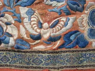 Antique Chinese silk embroidery, 19thC robe fragment, late Ch'ing Dynasty, hand woven silks, blue, orange, beige, a boarder of silk brocade was added when the piece was assembled, ca.1920, the 3 largest  ...