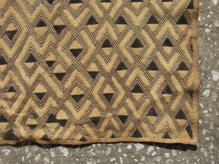 African Kuba raffia cloth, hand woven palm fiber, cut-loop pile embroidery and flat stitch embroidery, the technique produces what is known as kasai velvet, vintage, Congo, Kuba people ( Shoowa ), some  ...