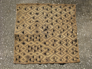African Kuba raffia cloth, hand woven palm fiber, cut-loop pile embroidery and flat stitch embroidery, the technique produces what is known as kasai velvet, vintage, Congo, Kuba people ( Shoowa ), some  ...