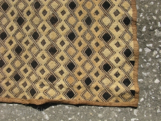 African Kuba raffia cloth, hand woven palm fiber, cut-loop pile embroidery and flat stitch embroidery, the technique produces what is known as kasai velvet, vintage, Congo, Kuba people ( Shoowa ), some  ...