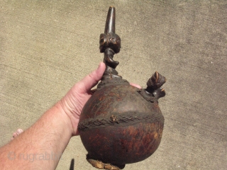 Vintage Luba water pipe, Congo, hand carved kneeling female figure and 2 female heads attached to a gourd, unfortunately, someone dropped it, and it was damaged and cracked, I have glued it,  ...