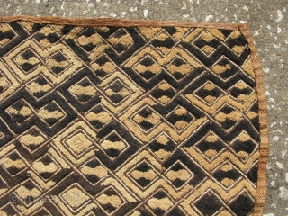 African Kuba raffia cloth, hand woven palm fiber, cut-loop pile embroidery and flat stitch embroidery, the technique produces what is known as kasai velvet, vintage, Congo, Kuba people ( Shoowa ), some  ...