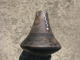 Vintage African milk jug, Hima People, also BaHima, of Uganda, hand carved wood, repaired cracks, some repairs done with decorative metal, the bottom is also reinforced with decorative metal, it has a  ...