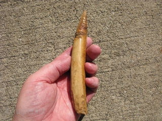Antique Inuit, Eskimo ice pick / chisel, hand carved walrus tusk, prior to 1850, it is probably a nearly complete small tusk, it takes many years to acquire this deep honey color,  ...