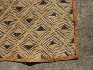 African Kuba raffia cloth, hand woven palm fiber, cut-loop pile embroidery and flat stitch embroidery, the technique produces what is known as kasai velvet, vintage, Congo, Kuba people ( Shoowa ), some  ...