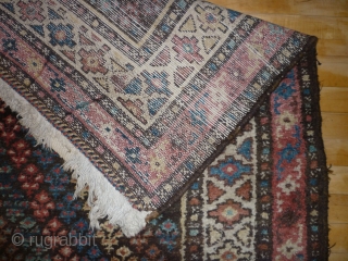 Thick chunky heavy caucasian runner. Plenty of floor use left. One small tear (repaired) shown. Coarse weave.385 by 100cm. Please ask for more photos if needed       