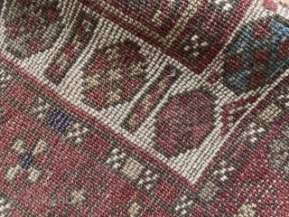 Caucasian rug with unusual but very attractive colour palette. Robust enough for the floor. No major issues. Had a good clean and maybe needs another. 215 by 103 or 110cm depending which  ...