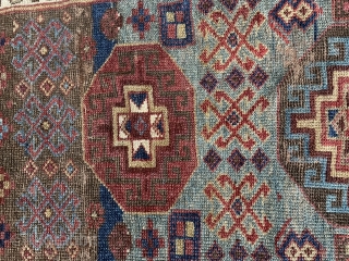 Caucasian rug with unusual but very attractive colour palette. Robust enough for the floor. No major issues. Had a good clean and maybe needs another. 215 by 103 or 110cm depending which  ...